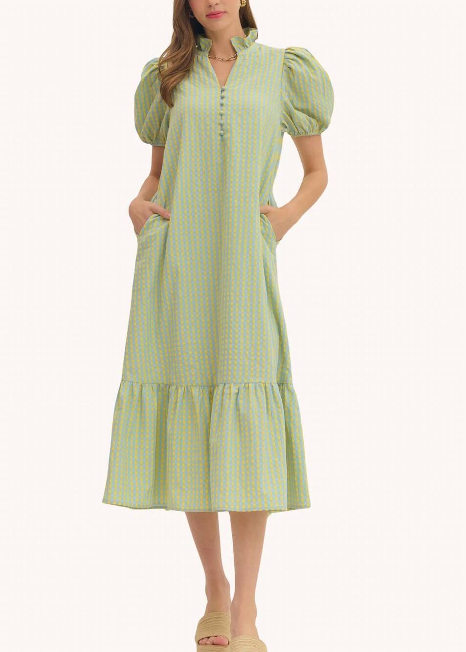 NEW ENTRO fallon cotton midi dress in pool gingham